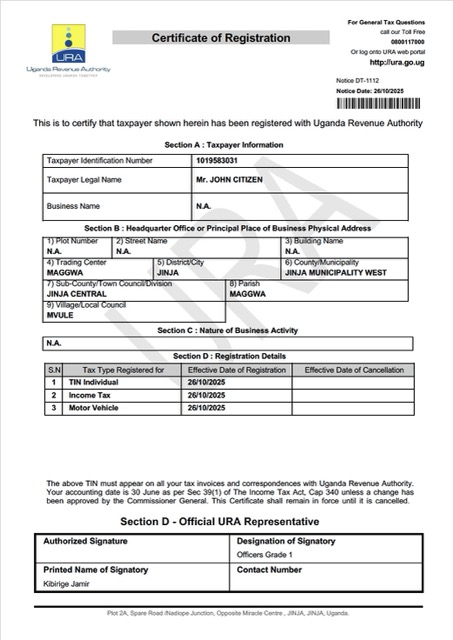 Uganda certificate of taxpayer registration Word and PDF template